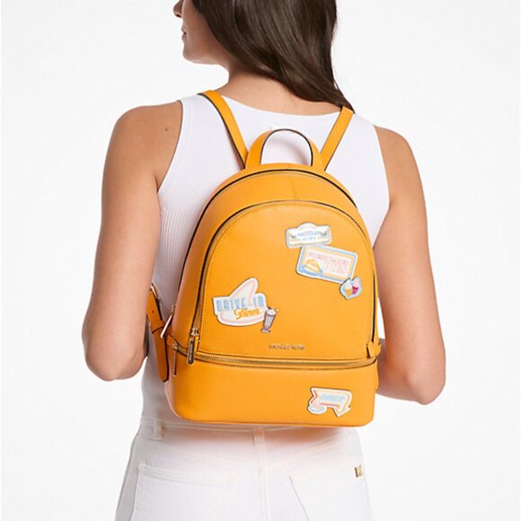 New Michael Kors Rhea Medium Embellished Backpack Pop Orange - Picture 2 of 3